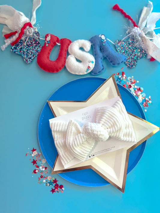 Crisp White Ribbed Baby Bow Turban