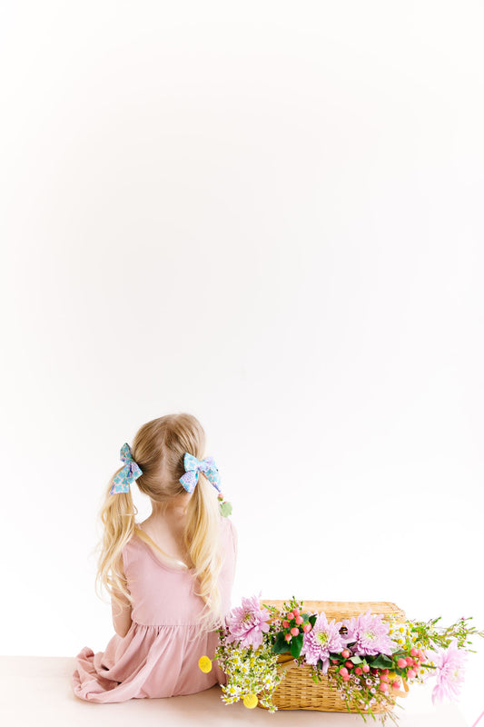 Blue Green Floral Medium Pinwheel Pigtail Set