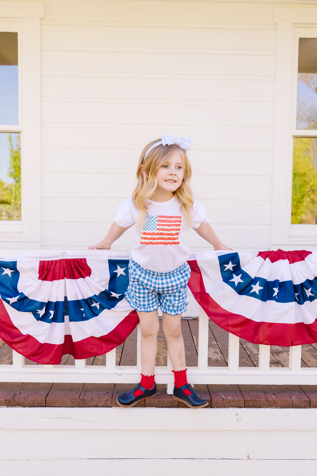 Blue Grid Bow Headband For Toddler & Girls