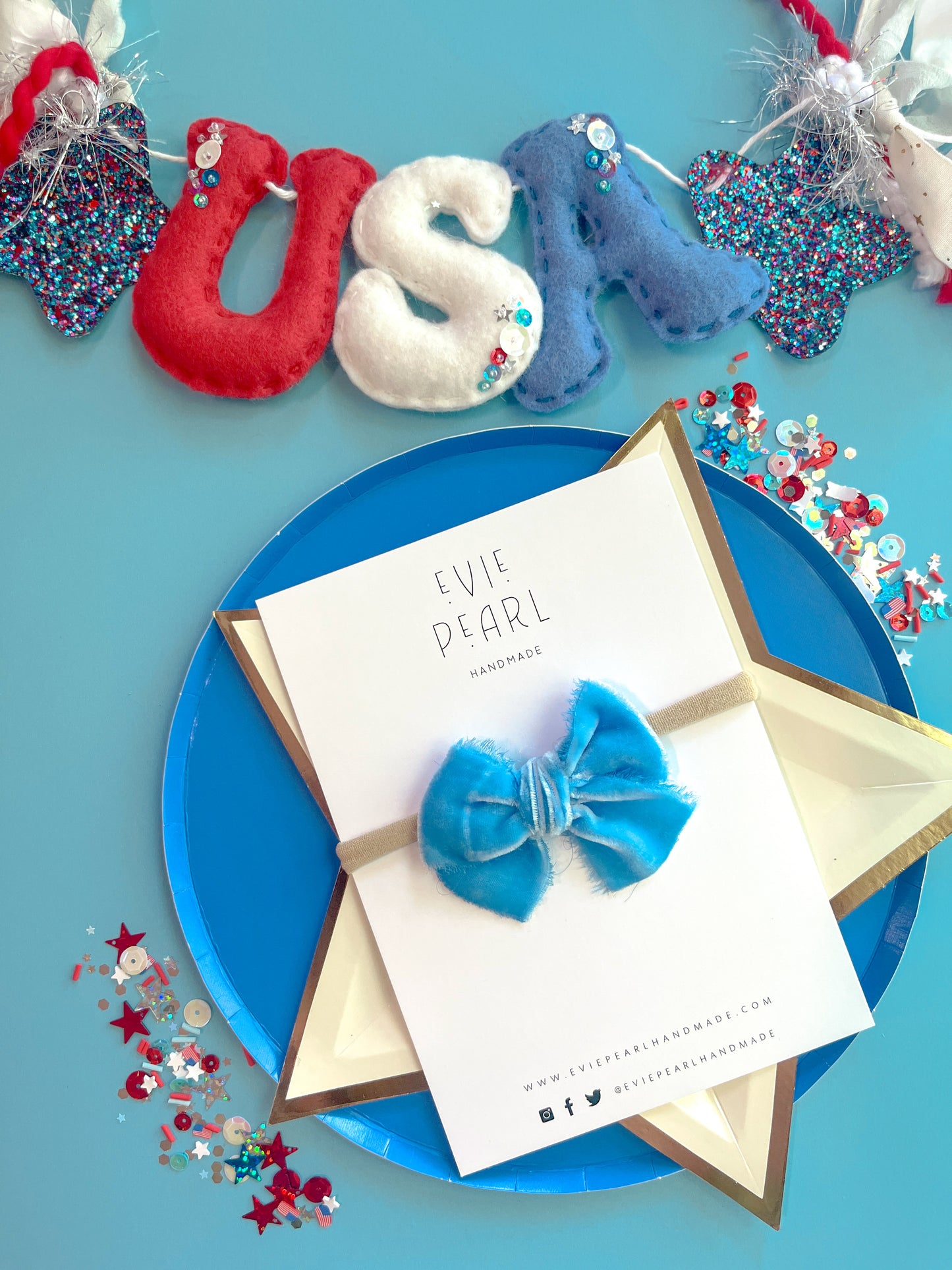 Small Blue Raw Silk Bow on nylon headband