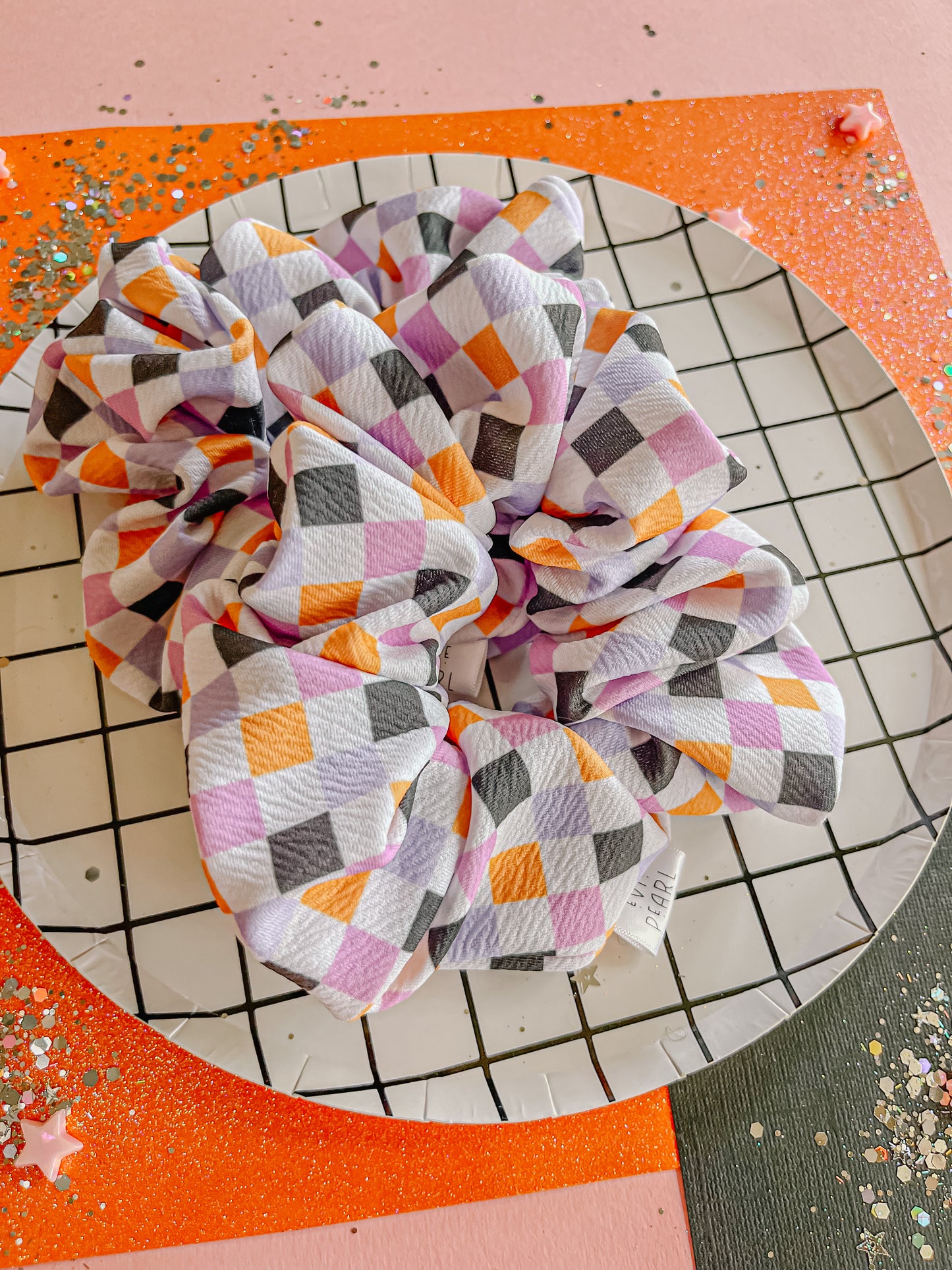 Black|Orange|Purple|Lilac Checkered Oversized Scrunchie