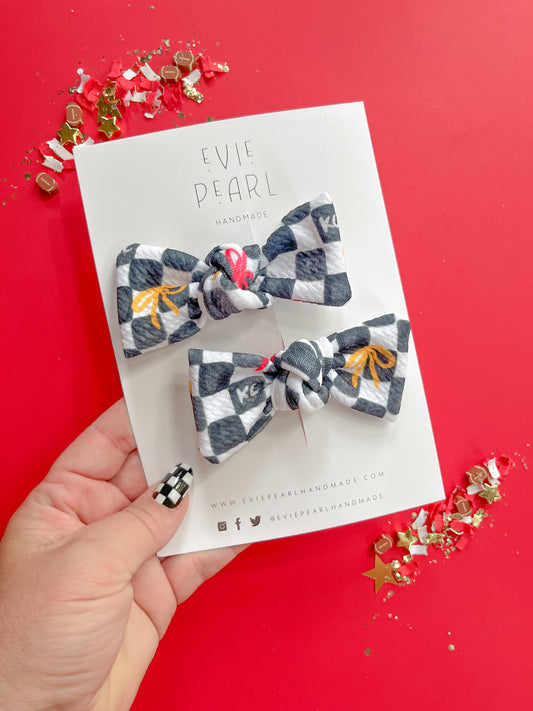 Kansas City Black Checkered Striped Knot Bow Pigtail Set