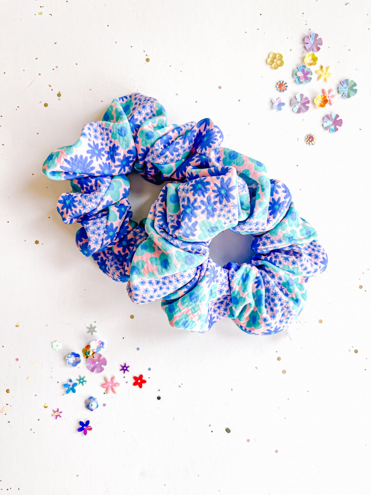 Blue Green Floral Regular Scrunchy