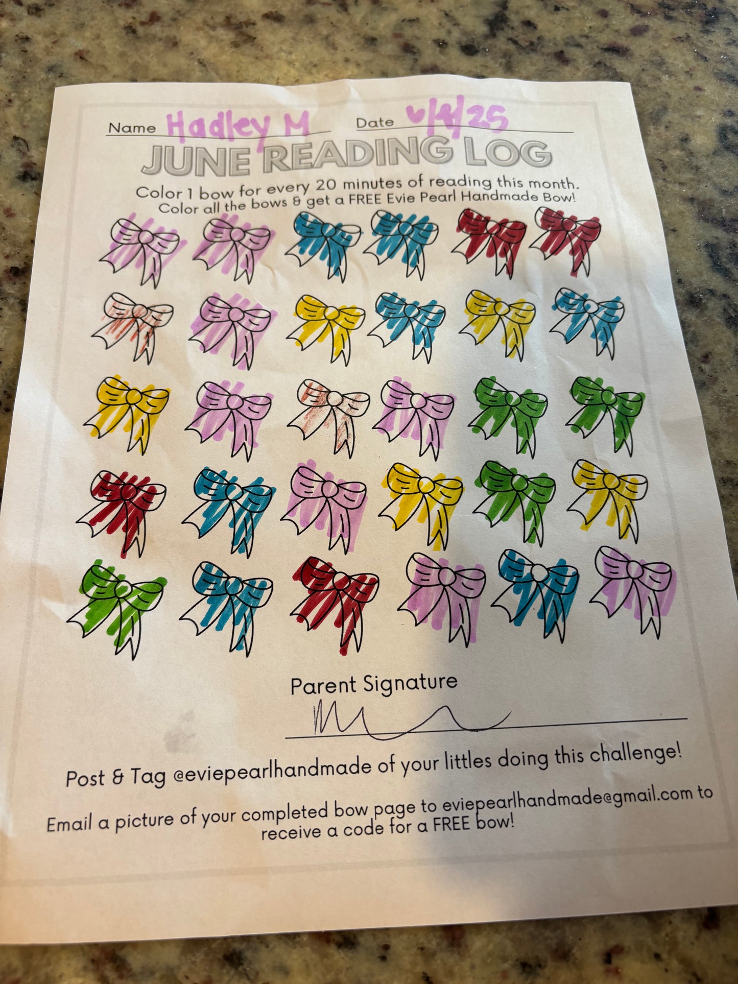 FREE BOW -June Summer Reading Log Challenge - Bow Chart Download