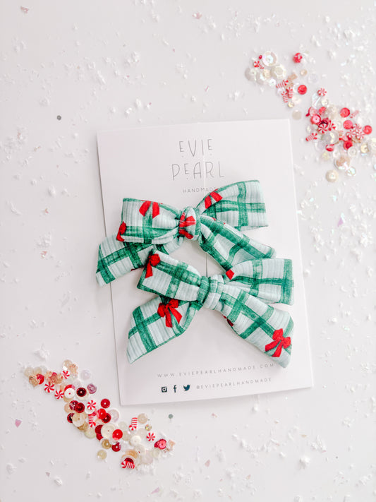 Green Plaid Red Bow Medium Pinwheel Pigtail Set