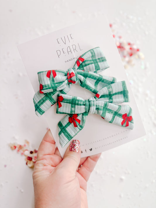 Green Plaid Red Bow Medium Pinwheel Pigtail Set