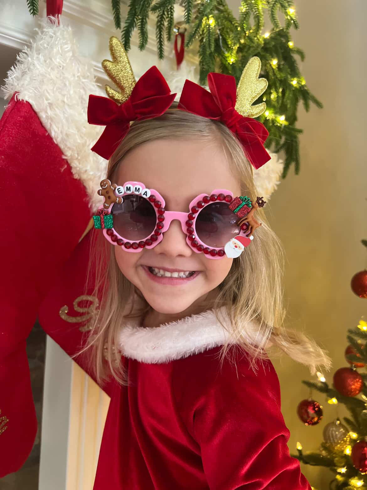 Gold Glitter Reindeer Headband with Removable Velvet Bows