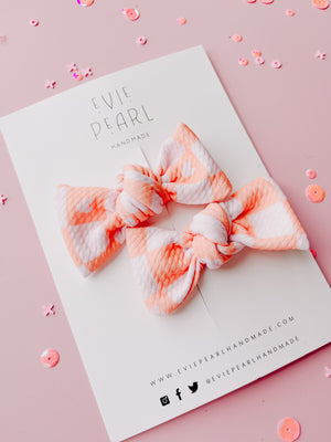 Peach Checkered Heart Knot Bow Pigtails