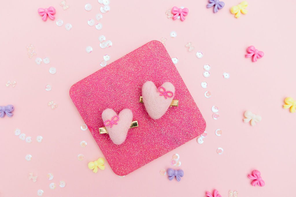 Felt Bow Hearts Pigtail Clip Set