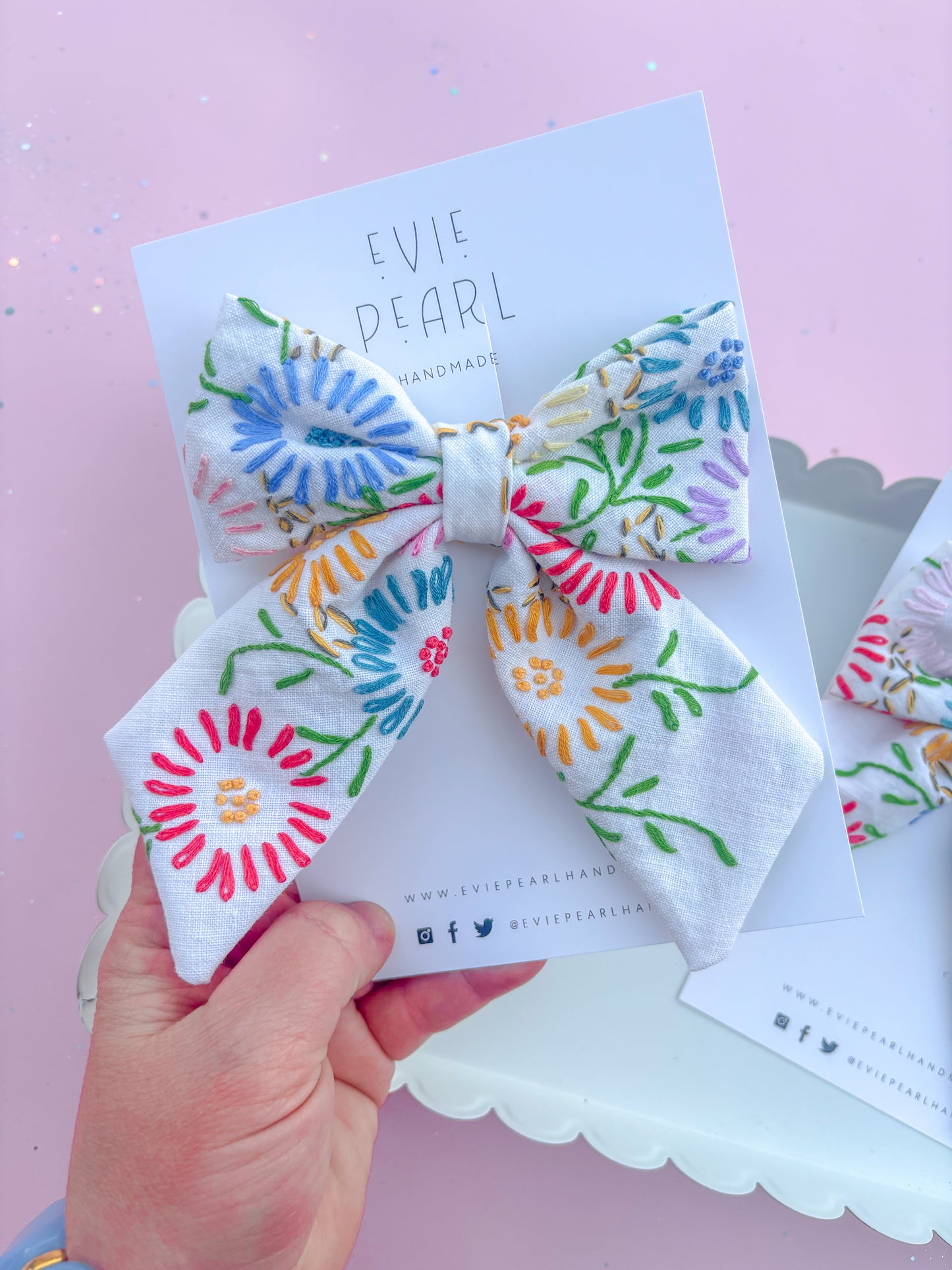 Hand Embroidered Floral Medium Sailor Hair Bow-READ DESCRIPTION
