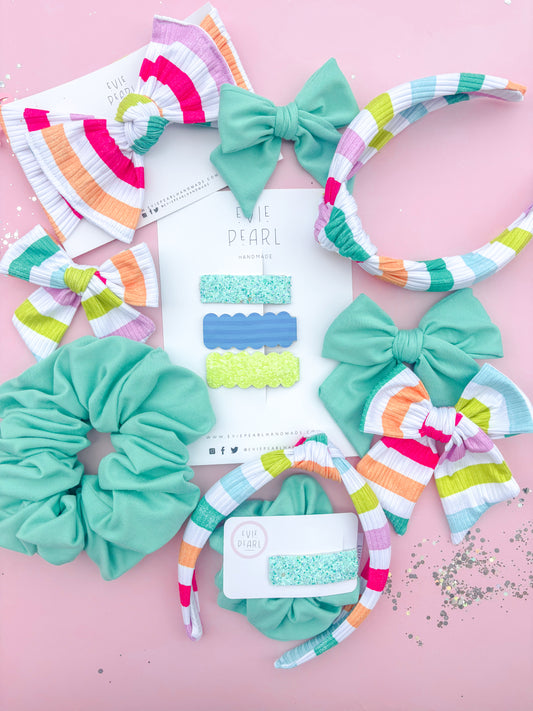 Neon Green, Blue & Mint Glitter Snap Clip Set