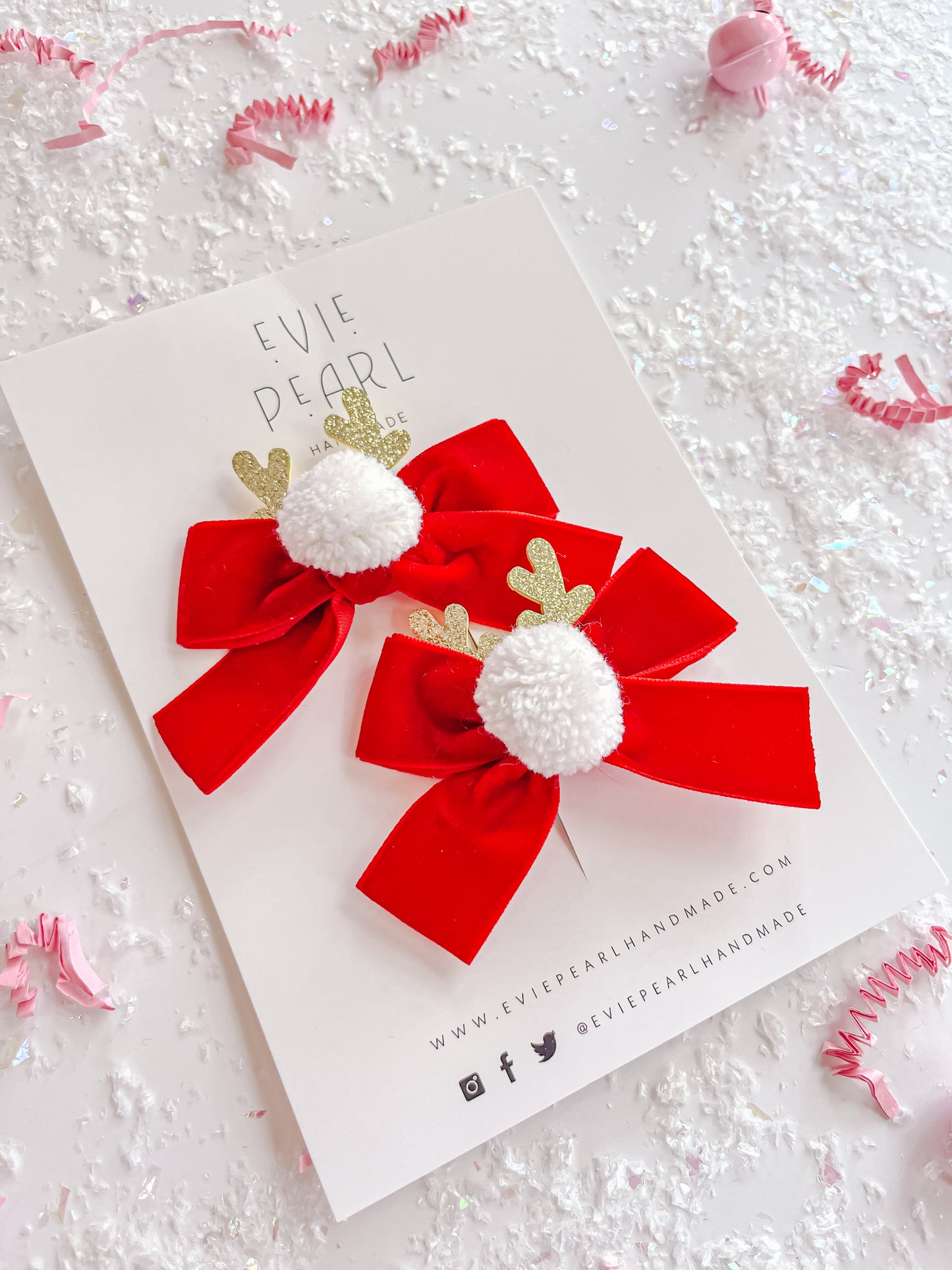 Red Reindeer White Nose Velvet Small Bow Pigtail Set