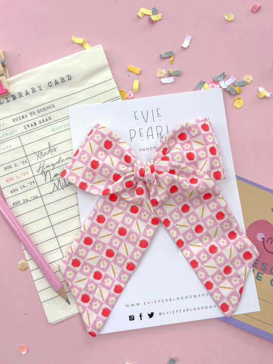 Pink Daisy Pencil Apple XL Pinwheel Bow
