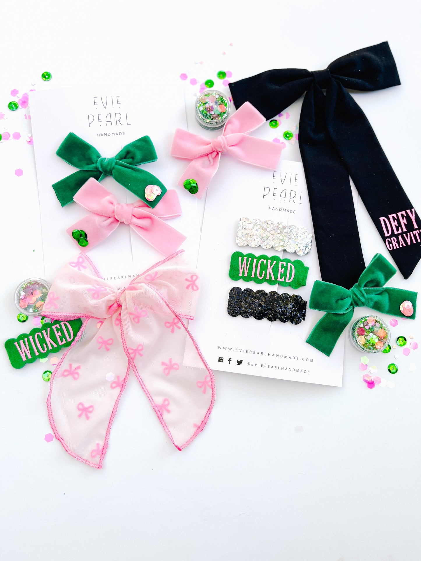 WICKED Green & Pink Sequin Sparkle Hair Bow Set