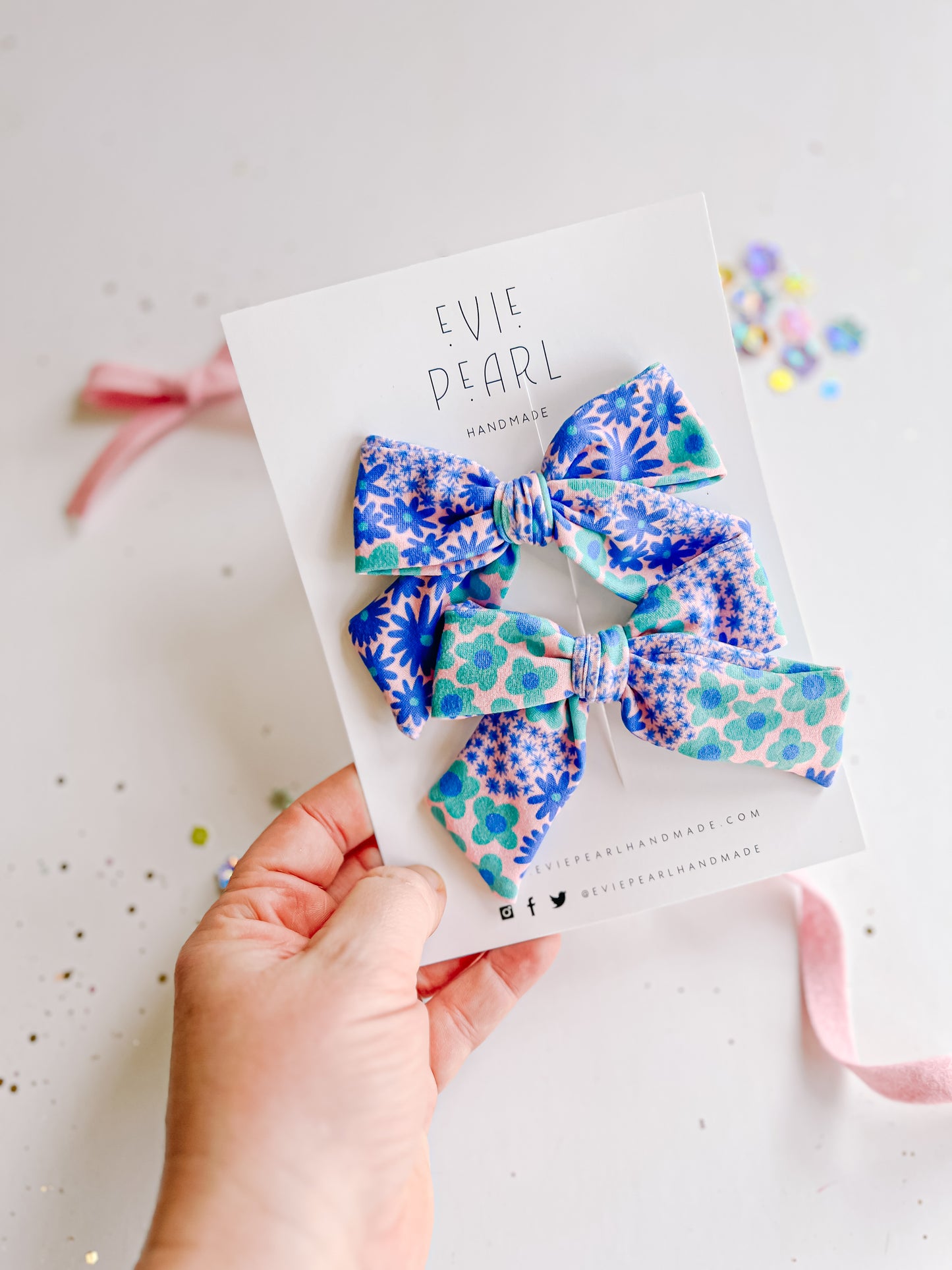 Blue Green Floral Medium Pinwheel Pigtail Set