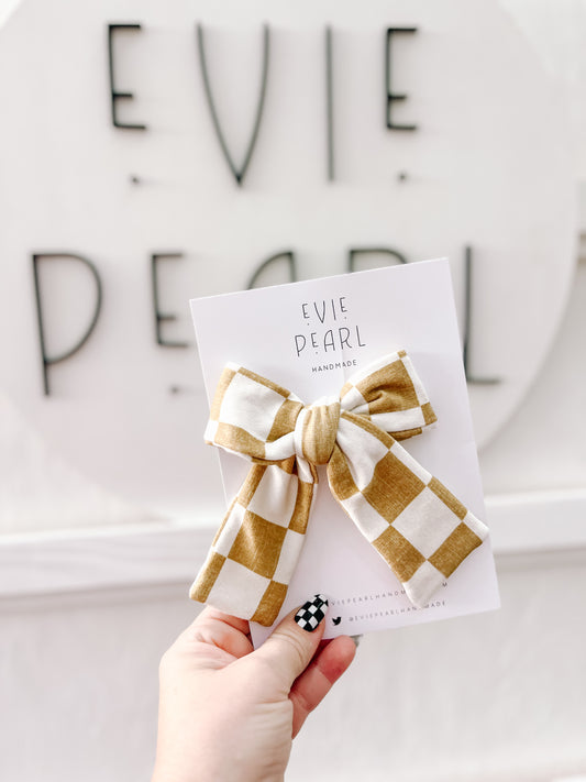 Gold Checkered Longtailed Hair Bow