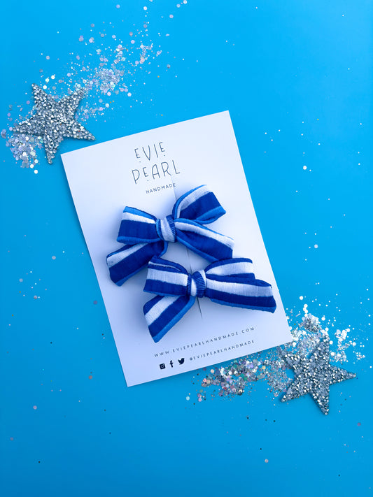 Blue White Stripe Small Pigtail Bow Set Kansas City Inspired