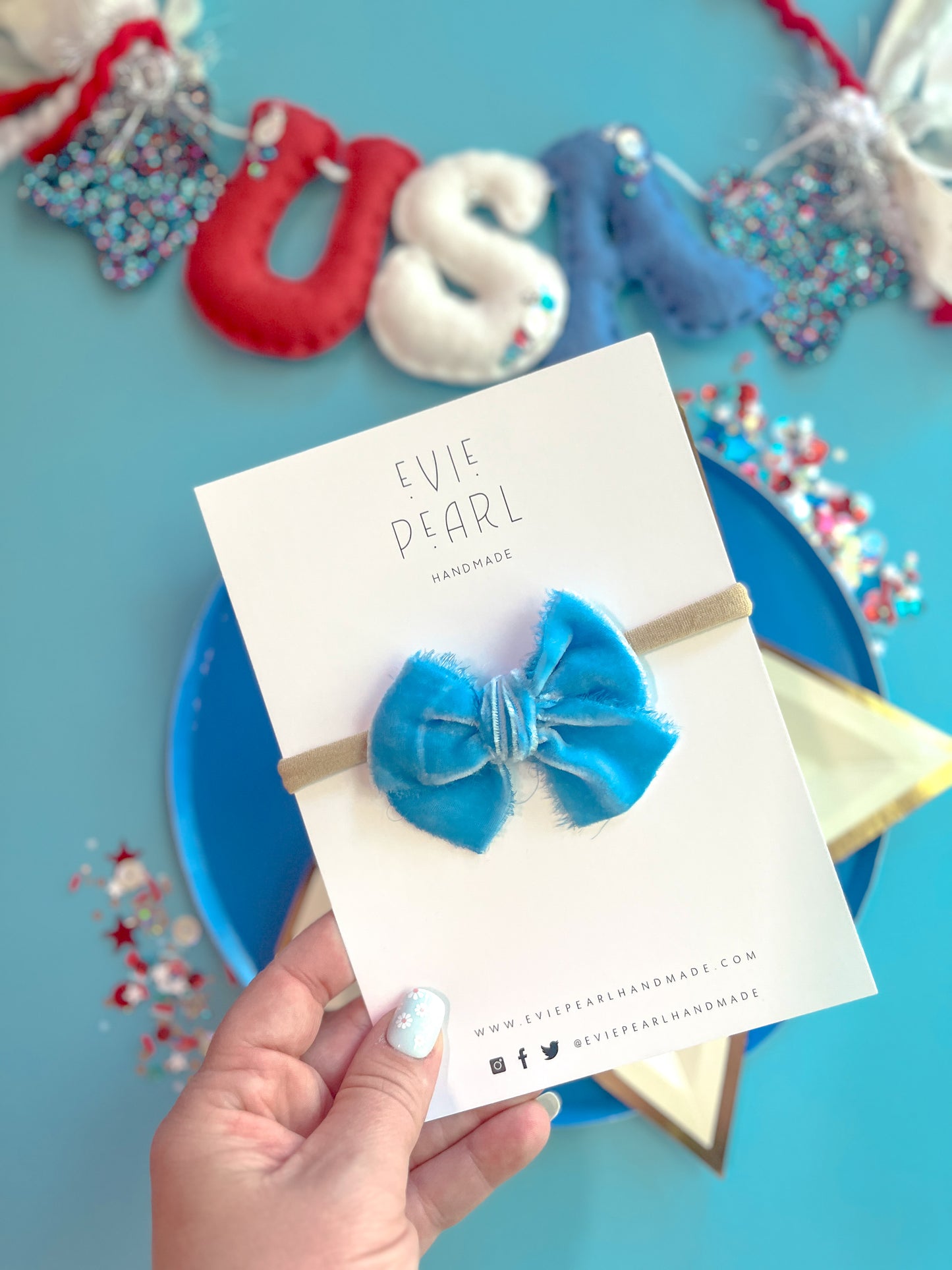 Small Blue Raw Silk Bow on nylon headband