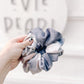 : Neutral tie-dye scrunchie in regular and oversized sizes – soft beige and cream hair accessory for women, teens, and girls.