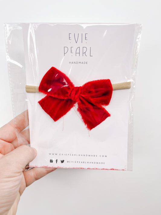 Small Raw Silk Red Bow on nylon headband
