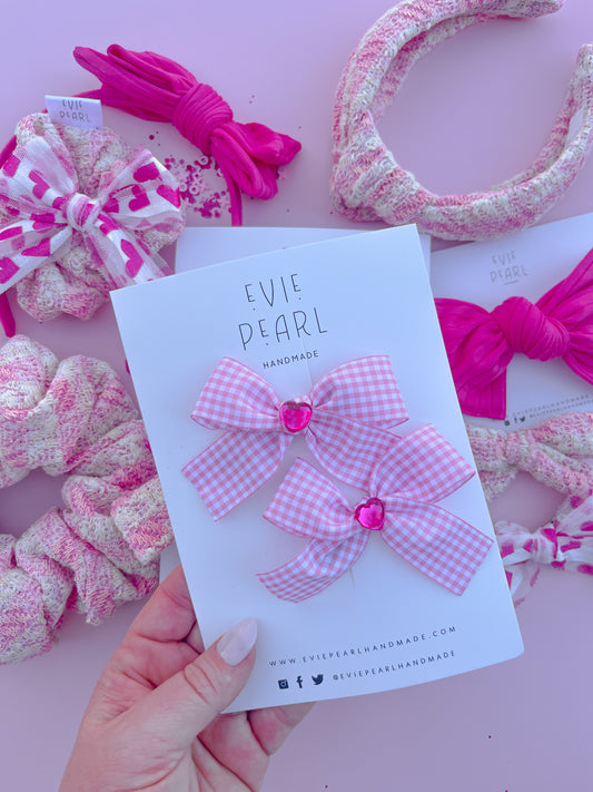 Pink Gingham & Pink Heart Charm Pigtail Set
