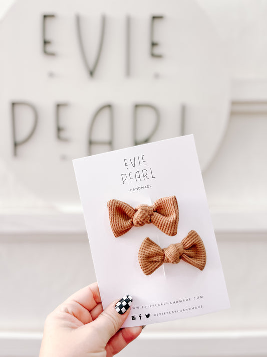 Mini Tan Waffle Knot Bow Pigtails