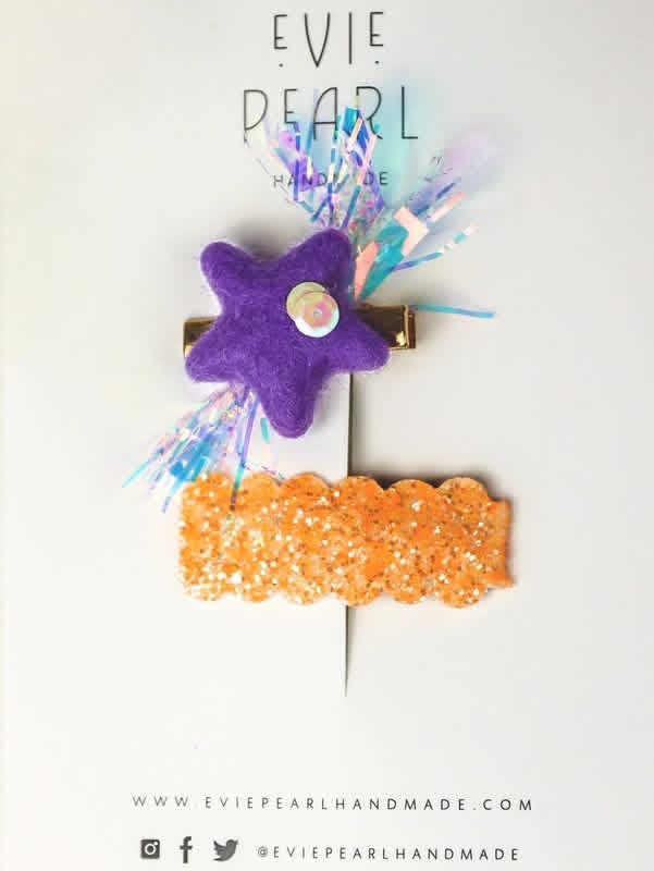 Mini May Collab- Purple Party Stars with Orange glitter snap clip set