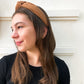 Soft ribbed chestnut headband styled with fall outfit – knotted hair accessory for women and girls