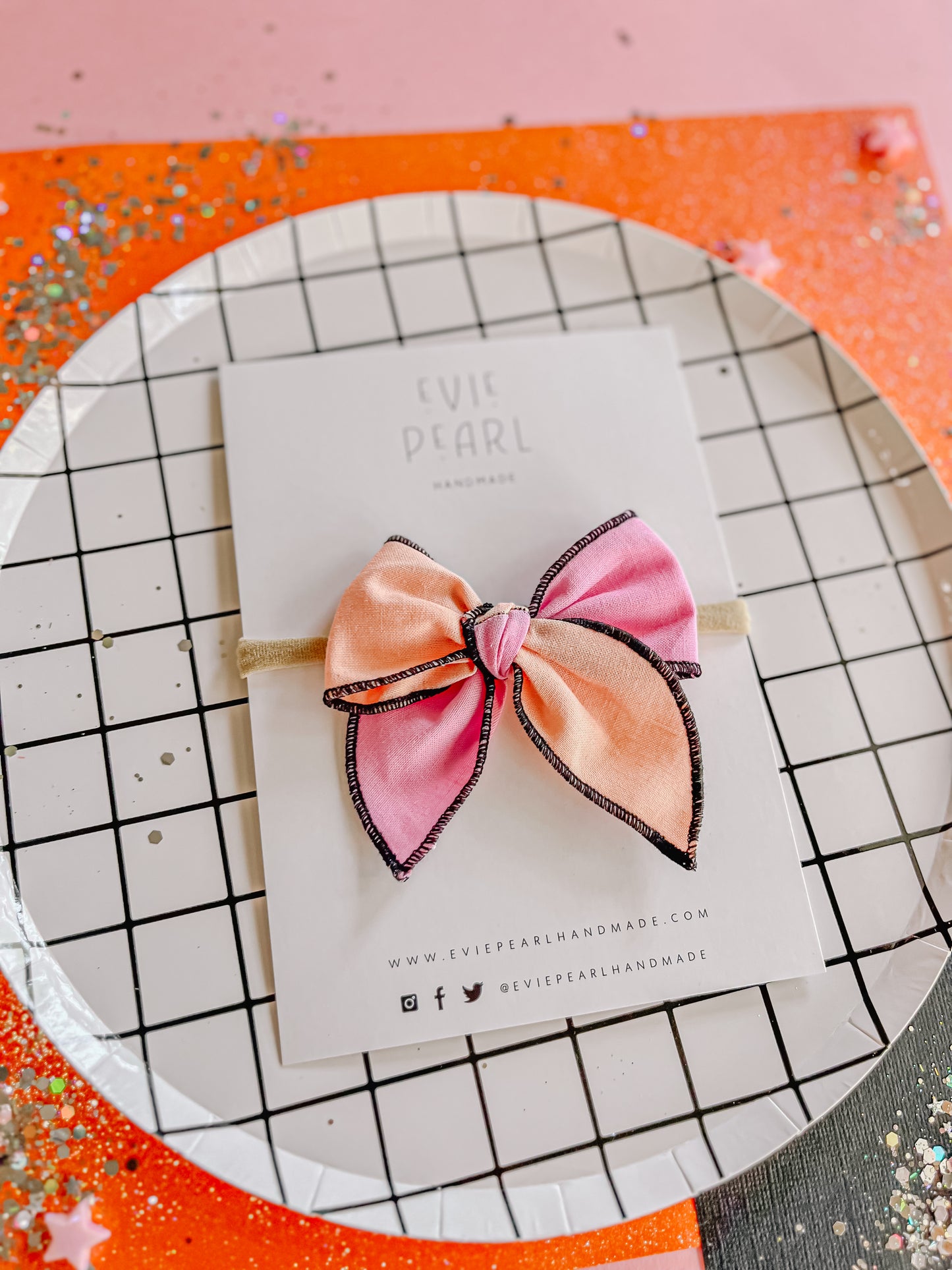 Peach|Pink Colorblock Small Bow on Nylon Headband