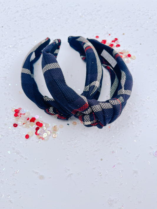 Navy Rust Cream Plaid Knotted Headband for Girls & Women