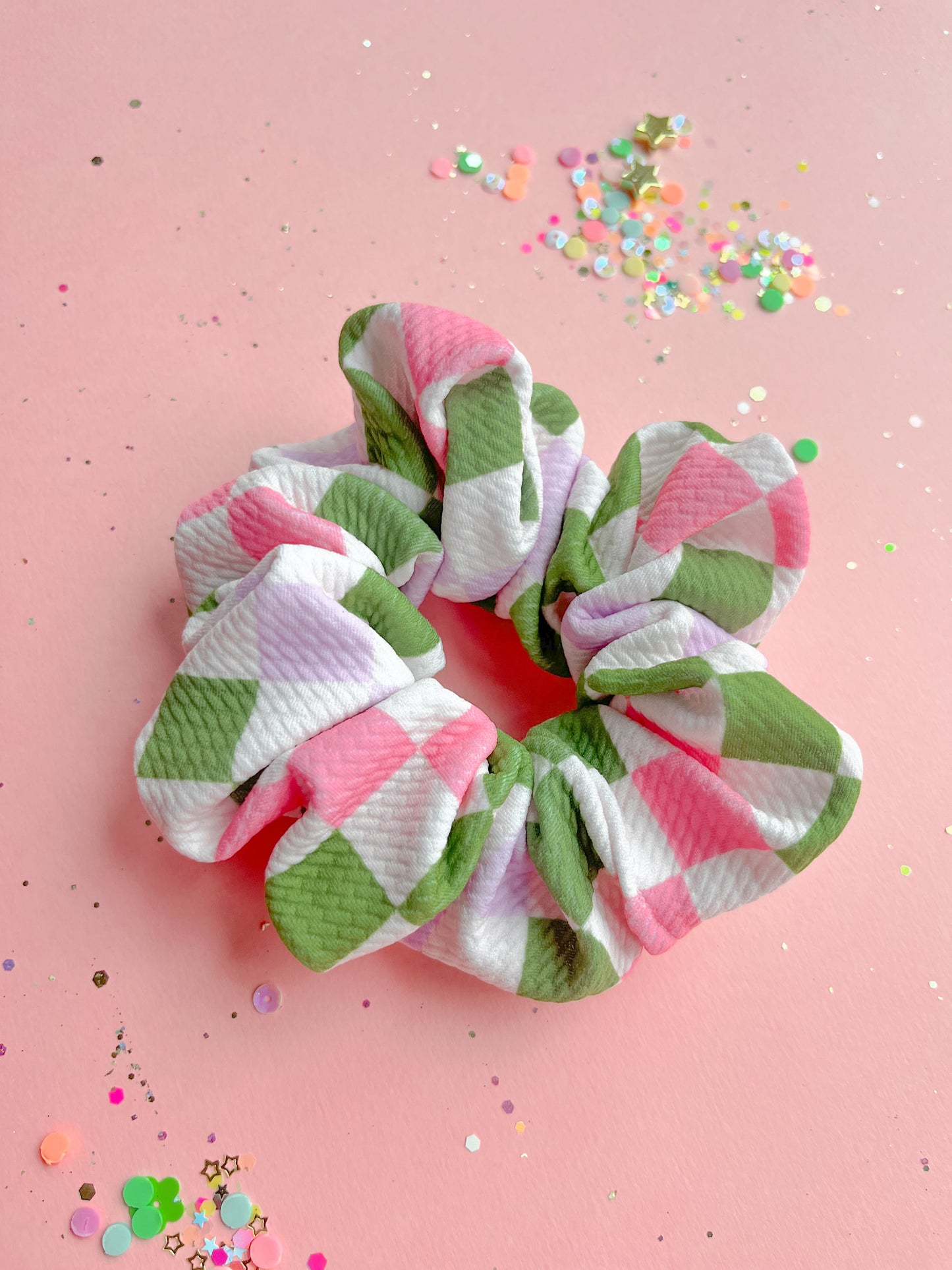 Green Lilac Pink Checkered Regular Scrunchy