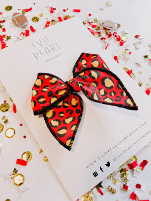 Red Leopard Black Stitching Bow