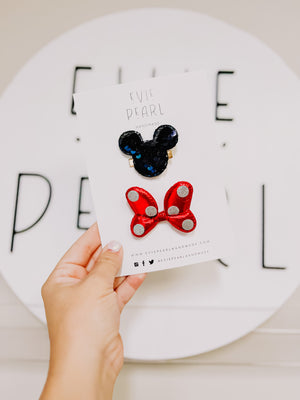 Black Sequin Mouse Head & Red Dot Bow Clip Set