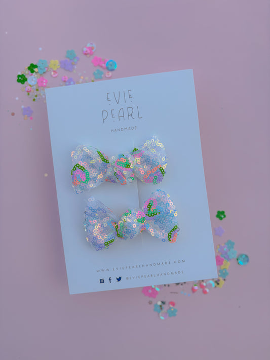 White Rainbow Sequins Knot Bow Pigtail Set