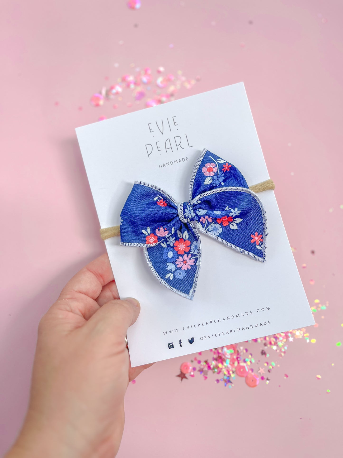 Small Blue Floral Bow On Nylon Headband