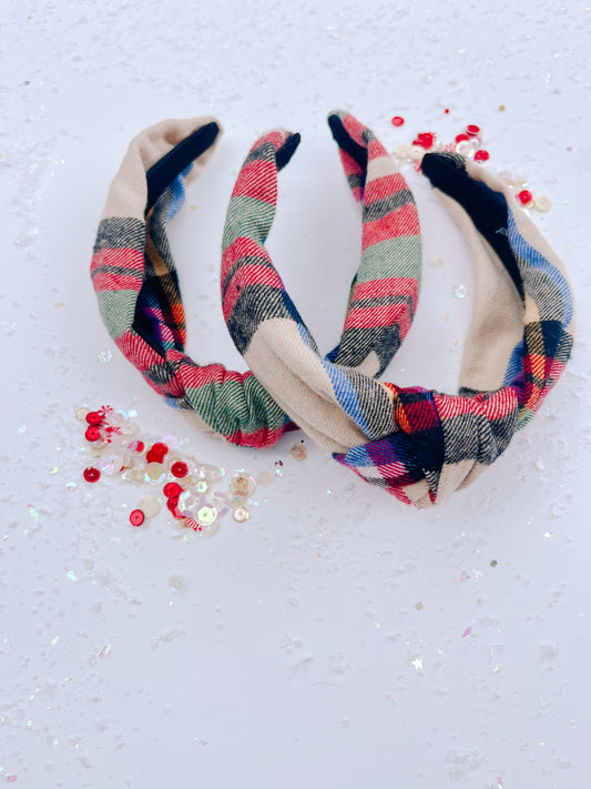 Tan Red Plaid Knotted Headband for Girls & Women