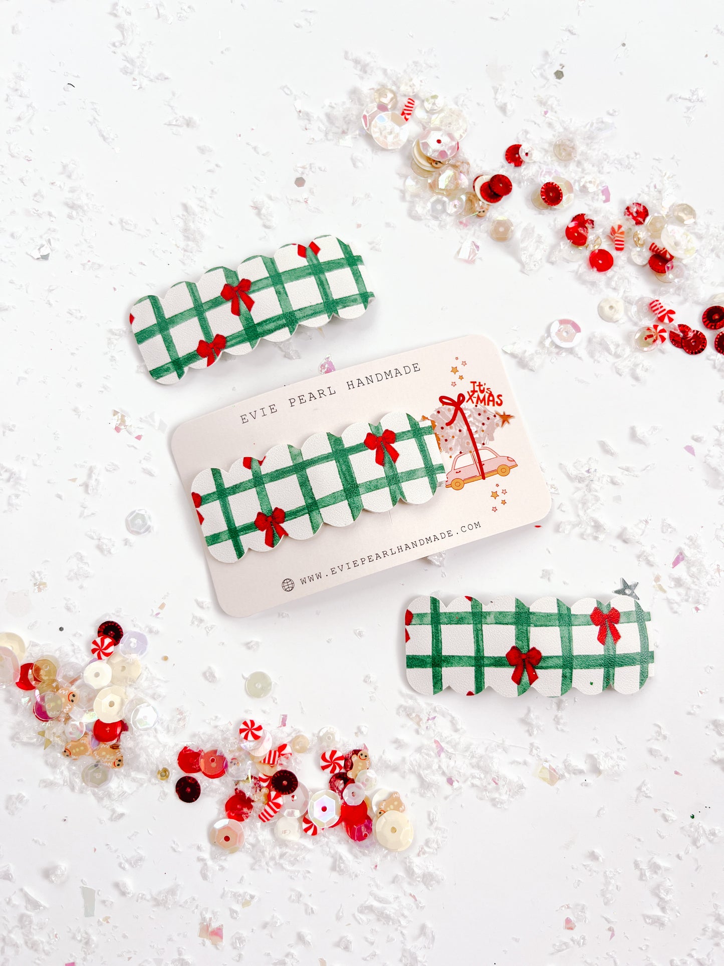 Green Plaid Red Bows Single Snap Clip