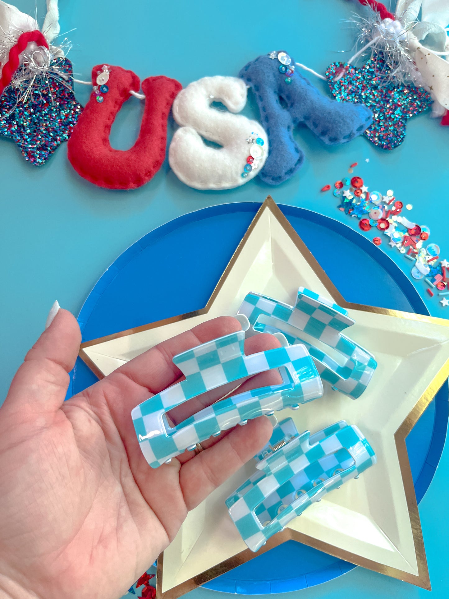 Blue Checkered Medium Claw Clip