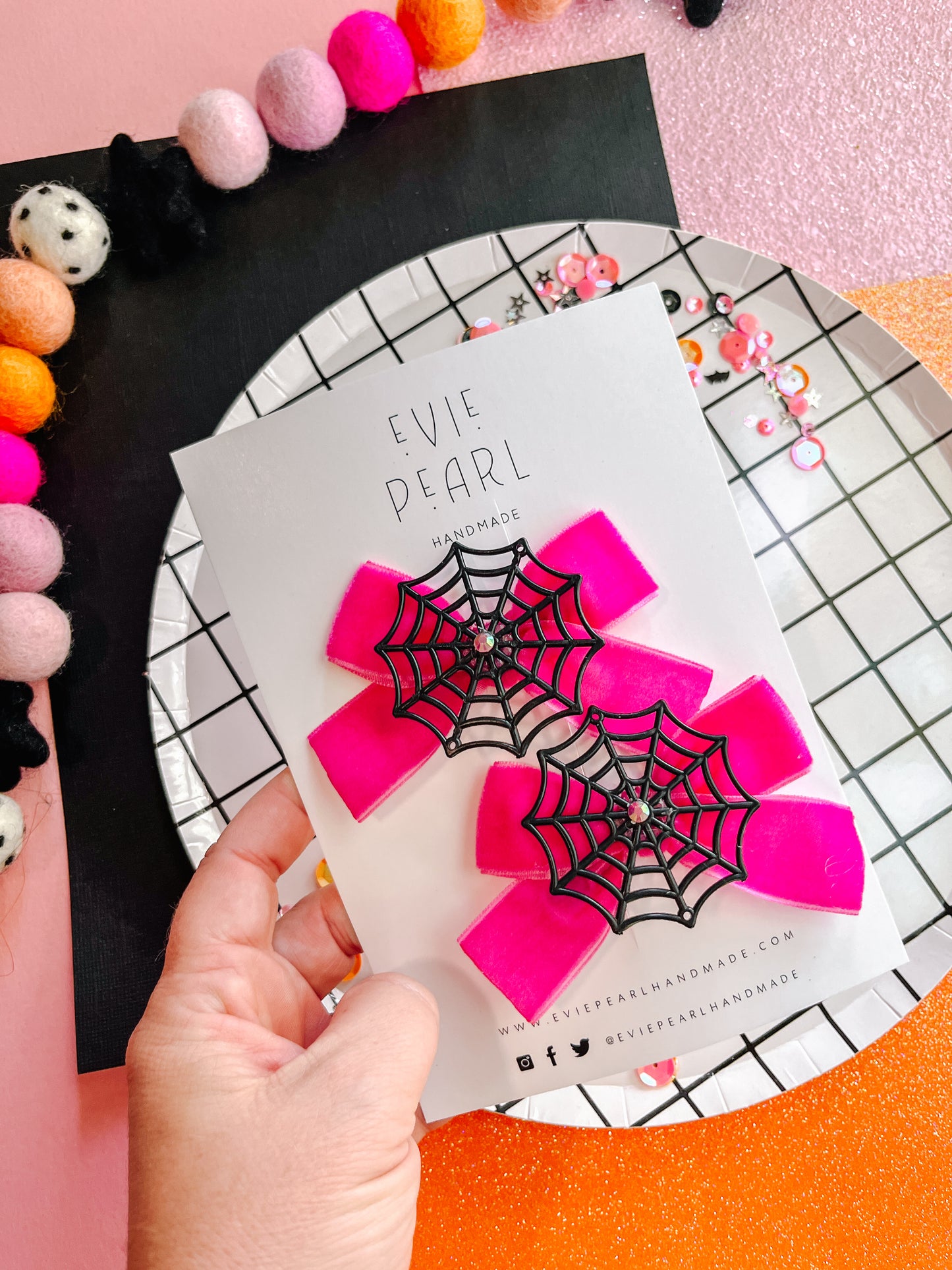 Hot Pink Spider Web Pigtail Bow Set