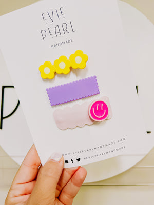 Yellow Flower, Purple Scalloped & Pink Smiley Clip Set