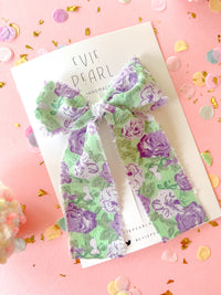 Purple Green Floral long tailed bow