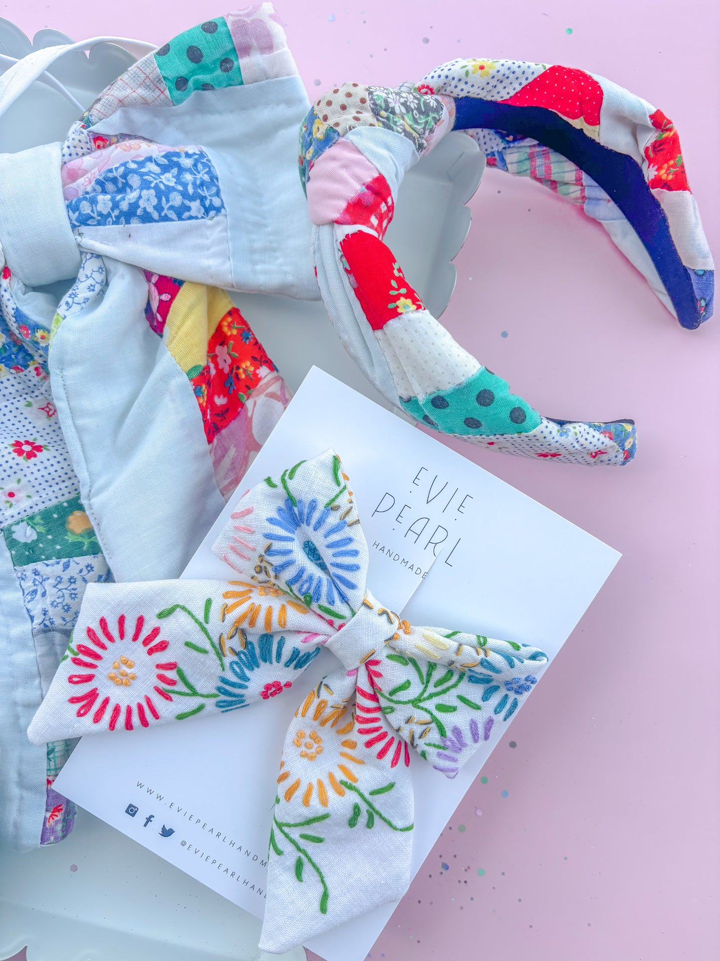 Hand Embroidered Floral Medium Sailor Hair Bow-READ DESCRIPTION