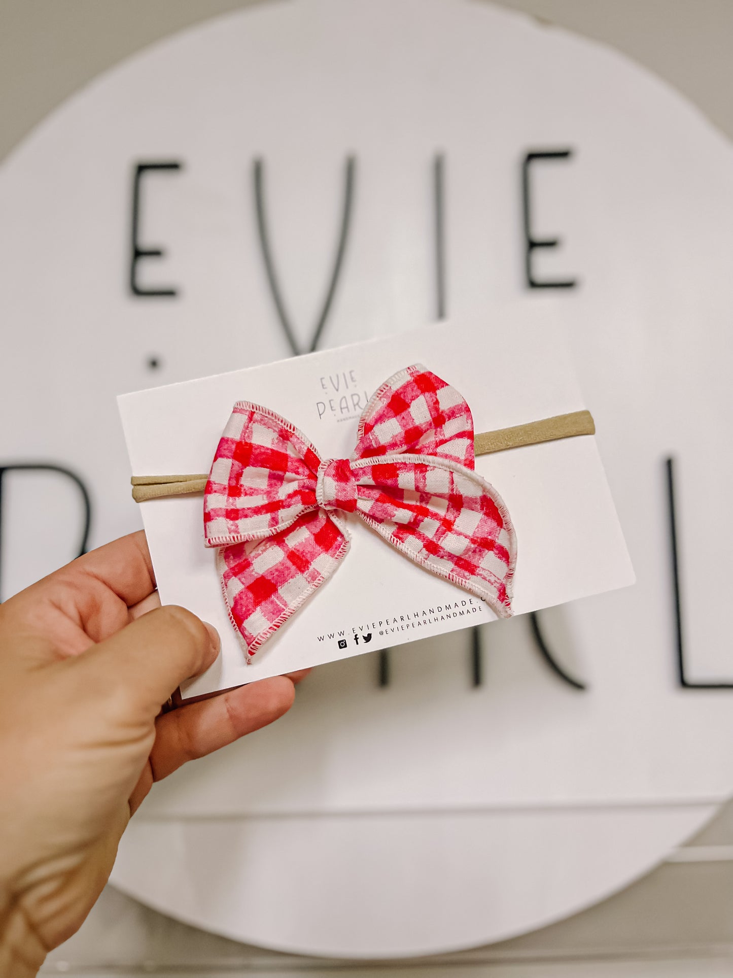 Small Pink Grid Bow on Nylon Headband