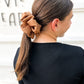 Oversized chestnut ribbed scrunchie styled in ponytail – soft brown fabric hair tie for all ages