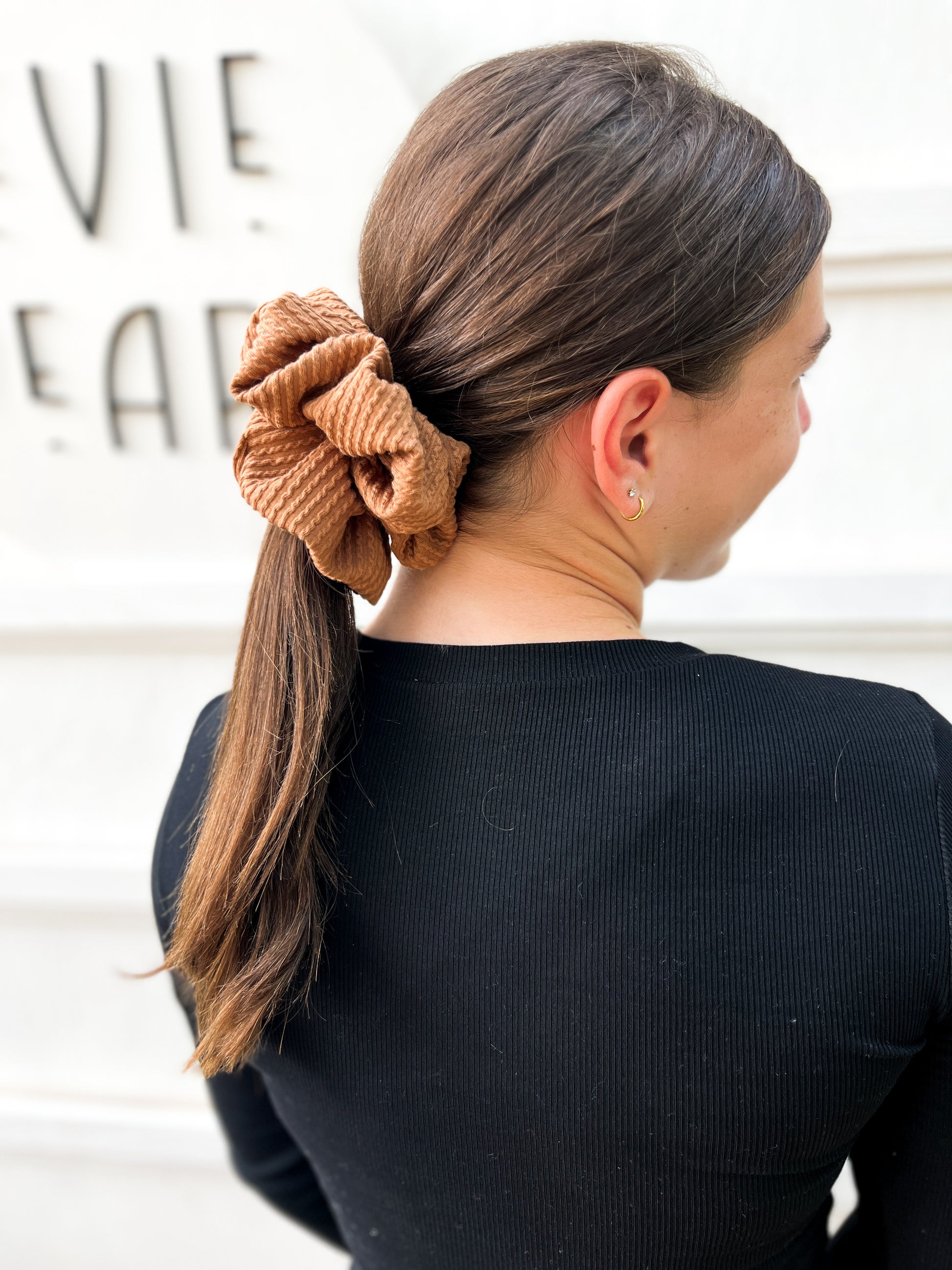 Oversized chestnut ribbed scrunchie styled in ponytail – soft brown fabric hair tie for all ages