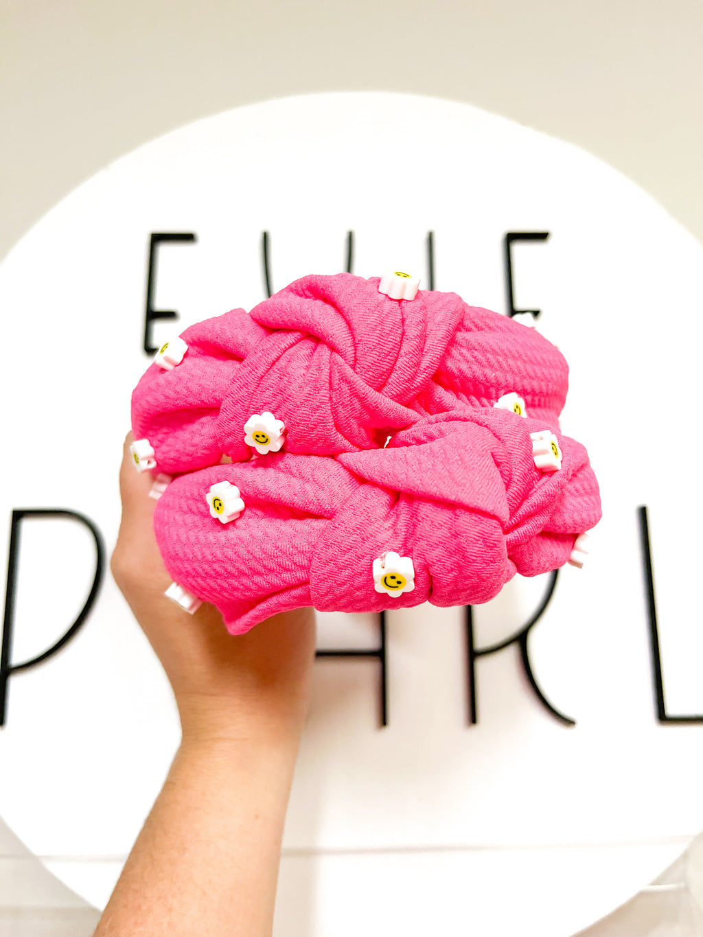 Bubblegum Smiley Daisy Beaded Knotted Headband for girls & women