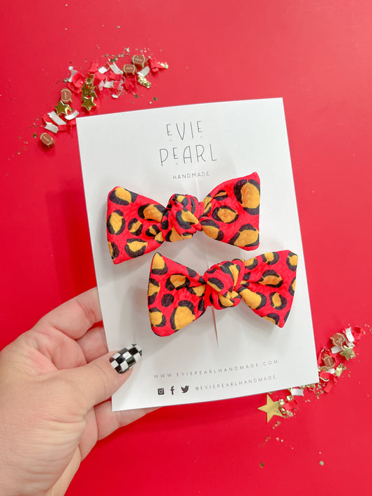 Kansas City Red Leopard Knot Bow Pigtail Set
