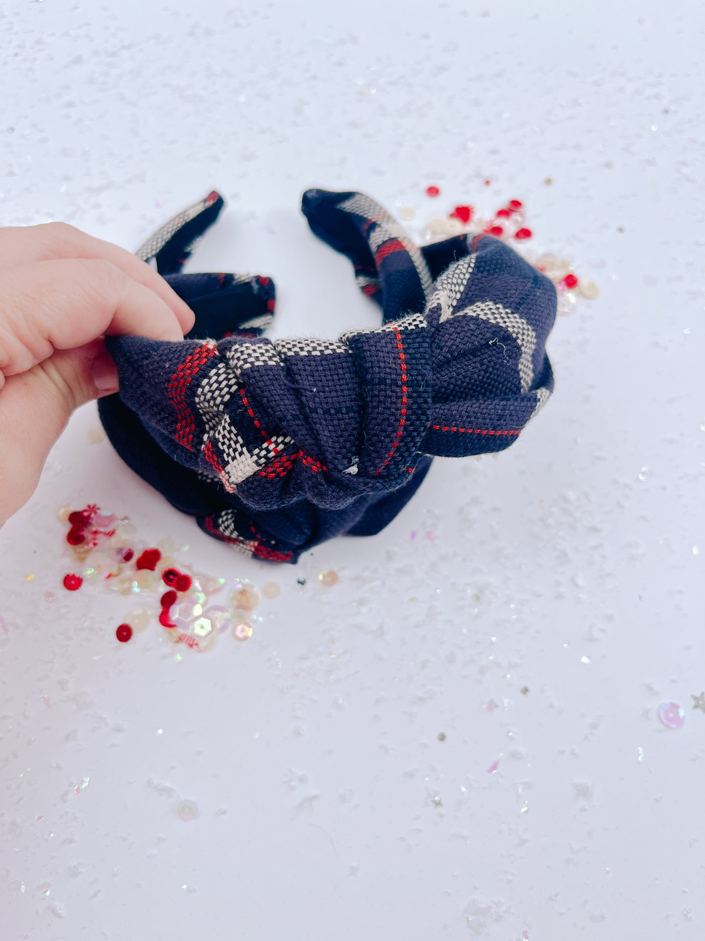 Navy Rust Cream Plaid Knotted Headband for Girls & Women