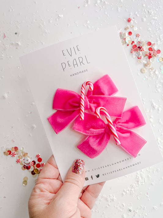 Hot Pink| Red Pink White Candy Cane Charm Pigtail Set