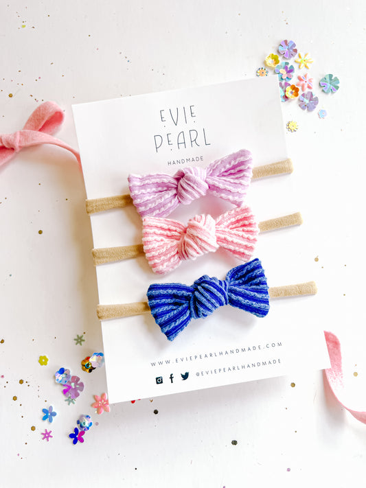 Lilac, Light Pink, Blue Ribbed Knot Bow on nylon headband Set